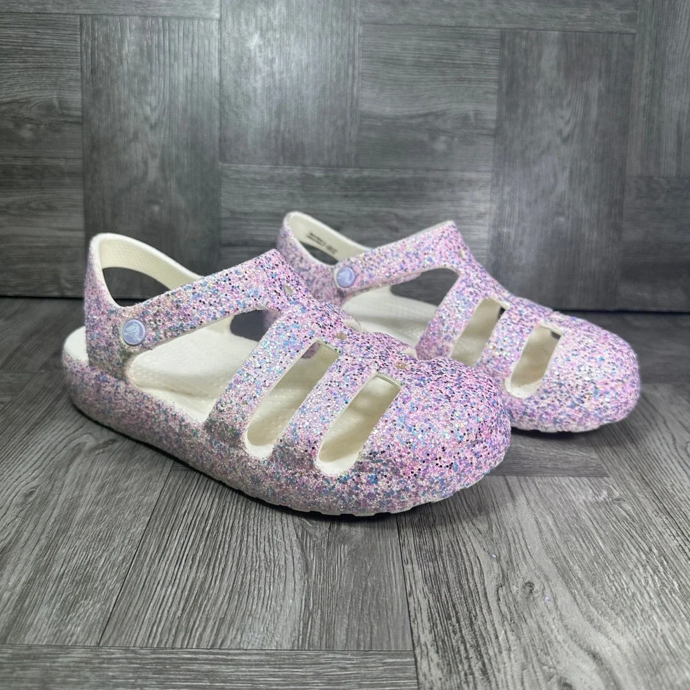 Crocs Fisherman Sandals Kids C12 Pink Purple Glitter Sparkle NEW